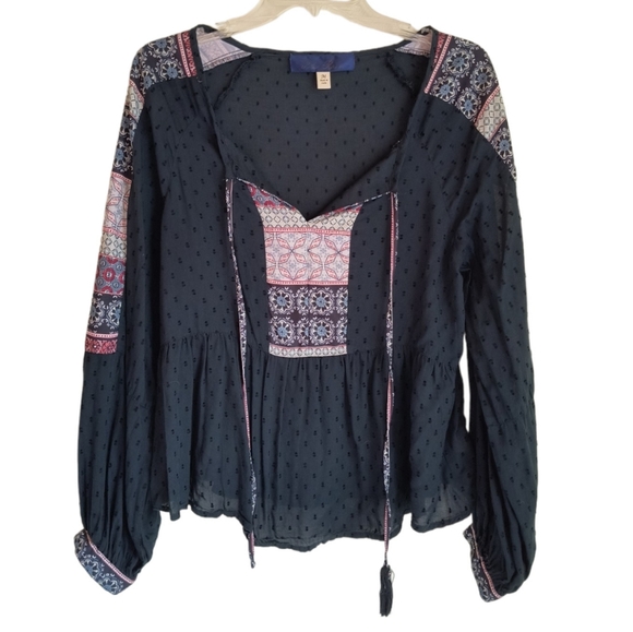 Blue Rain Black swiss dot Peplum hem long sleeve boho top size M - Picture 1 of 11